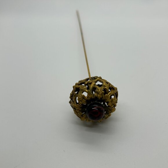 Antique Edwardian Hat Pin Gilded Brass Filigree Red Cabochon 1900s 9" READ - Picture 11 of 16